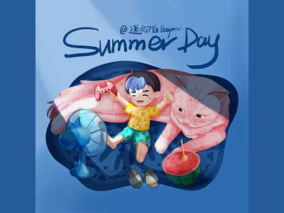Summer Day boy cat happiness holiday home illustration life pet summer vacation