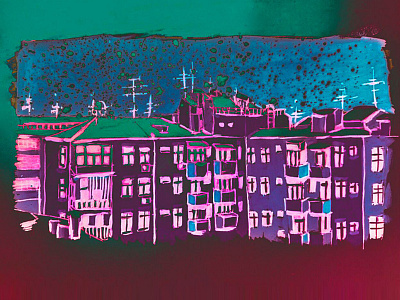 night life in a residential area illustration silkscreen