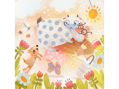 Illustration to funny children's poetry about a cow animal art book illustrations cartoon character design childrenillustration cow dog flowers illustration illustrator kidillustration kidillustrations