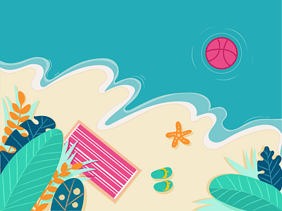 Hello dribbble beach debuts dribbble illustration ， starfish leaf sandy sea slipper