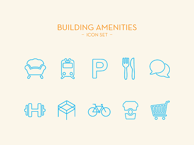 Icon set - Building amenities amenities bicycle blue cafeteria chair coffee shop fitness icon line parking rooftop transportation