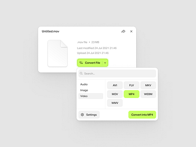 Convert File ◆Dark ◇ Light Mode animation components convert convert file dark mode design system file light mode modal motion graphics mov mp4