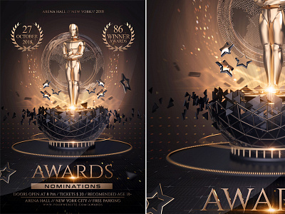 Golden Awards Flyer Template award celebration flyer gala glamour globe golden golden awards golden night invitation ladies luxury midnight miserable movie awards nightclub oscar party template world awards