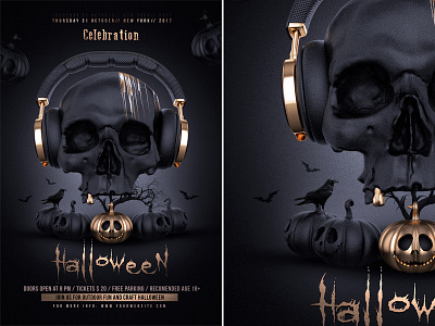 Halloween Party Flyer Template black and gold celebration dark halloween halloween flyer halloween invitation halloween party halloween poster happy halloween haunted party headphones horror party invitation jack o lantern party pumpkin pumpkins skull template trick or treat