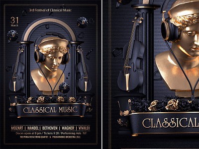 Classical Music Flyer acoustic antique artistic classic classical music classy composer concert cultural flyer music opera orchestra performance presentation symphonic symphony theatre theatrical performance violin