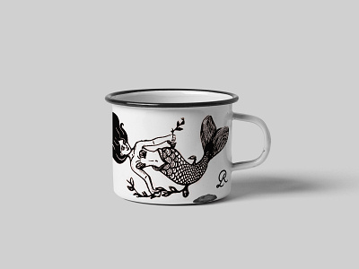 MERMAID MUG black and white ceramic mug cup mockup illustration mermaid mug personal branding product design