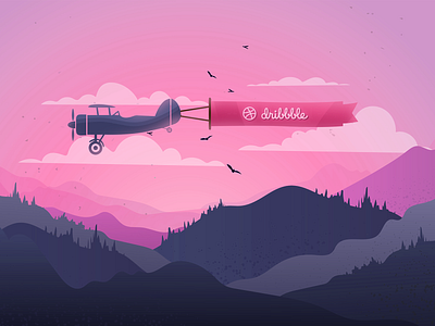 Travel with Dribbble! ✈️ airplane character clouds design dribbble flat illustration illustrator letter mountain sky travel vector vectorart