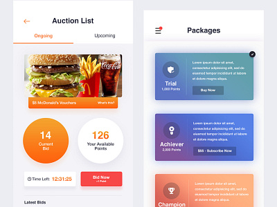 Auction List & Packages auction list gradients mobile app design mobile ui modern app design packages ui