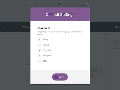Calendi Settings button check box design icon modal modal box plugin settings ui uidesign web design website wordpres