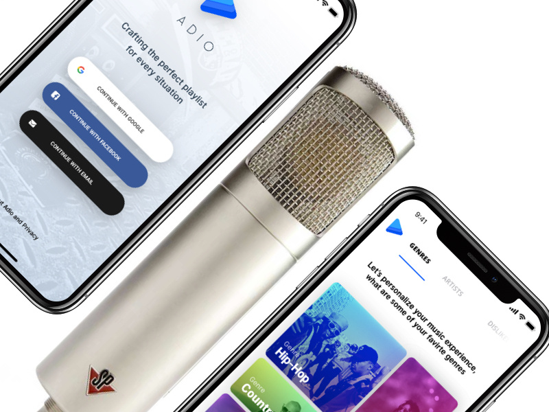 Adio / Onboard cards social white clean responsive mobile iphone android ios app music andregivenchy