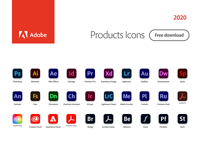 Adobe Products Icons 2020 2020 adobe 2020 adobe creative cloud adobe illustrator adobe photoshop adobe xd adobexd figma figmadesign free download freebies icons vector vector icon