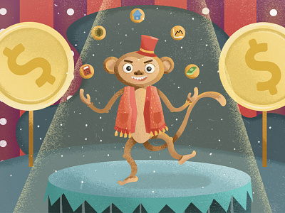 Monkey Business animals art circus coins colorful design finance graphic illustration jugglers money monkey