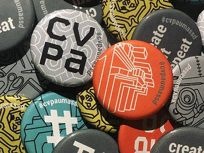 CVPA Promotional Pins advertisement architecture art school button college community design mascots pins promotional slogans umassd