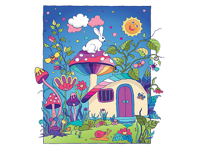 virtual garden adobe illustrator butterfly clouds colorful design flower garden graphic design illustration rabbit sun trees vector