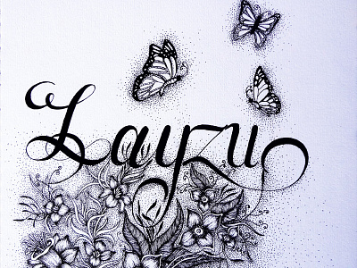 Typography. butterflies flowers illustration line drawing pen and paper pen drop typography