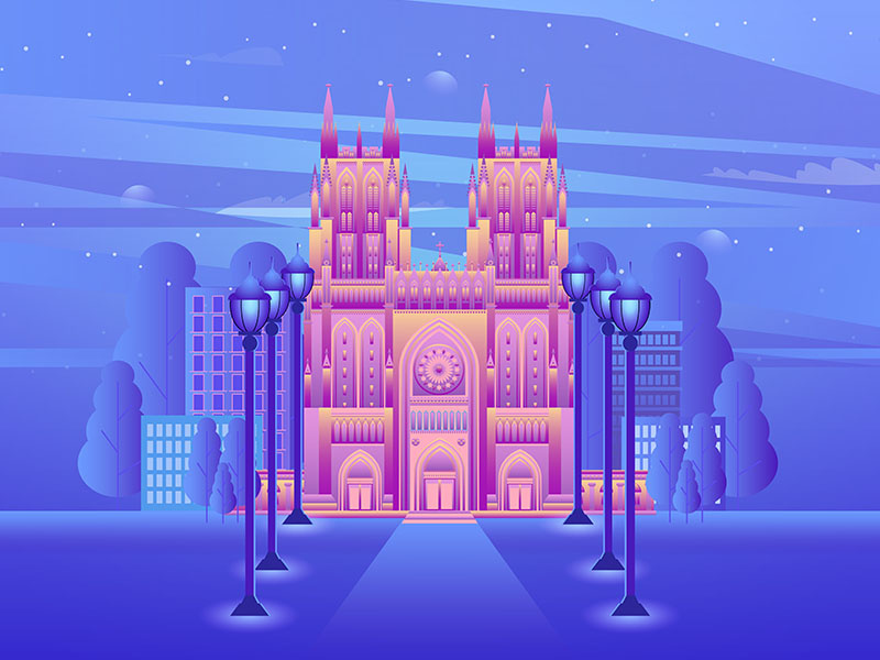 Illustration. cloudes stars sky trees light post buildings colorful illustration graphic design vector adobe photoshop adobe illustrator