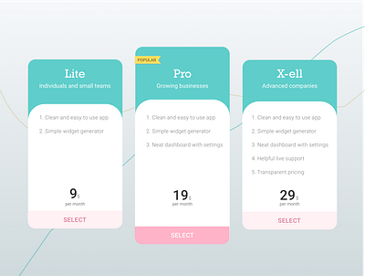 Pricing cards app design ui ux web website