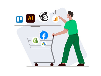 Access the skills you need buying facebook flat google ads google analytics illustration shop shopping shopping basket shopping cart spotify trello vector