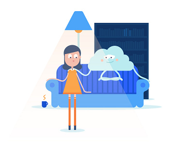 Girl And Cloud bookcase cap cloud conversation couch flat girl illustration illustrator lamp sofa