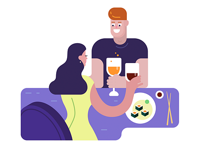 Restaurant characters communication date flat food illustration man restaurant rolls wine woman