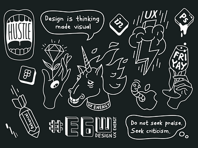 Stickers for UX Energy apple design figma friday friyay hand hustle illustration indesign line art photoshop sketch stickers unicorn