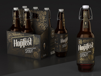 Hopfest Stout 6pak beer brand craft dark foreign extra stout gold lettering multipack premium stout vintage