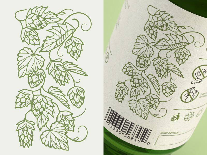 Hops motif bottle packaging beer craft label design graphic illustration vector hops