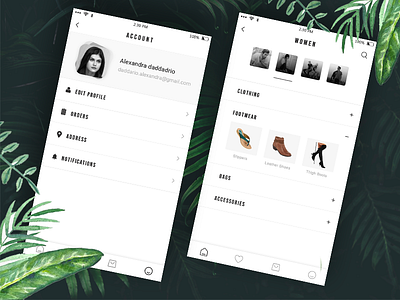 Fashion UI App app black white category clean e commerce fasion green minimal notification profile profile card ui ux