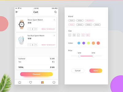 Checkout UI App app best cart checkout design e commerce fashion app filter gradient icon minimal presentation screen typography ui ux