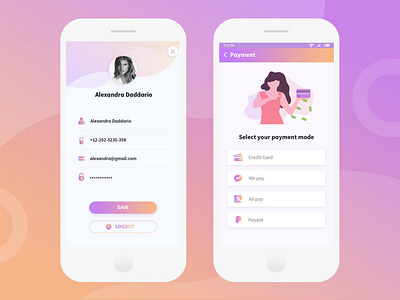 Profile and Payment Screen UI app best checkout clean design ecommerce gradient icon illustration minimal payment profile card typography ui