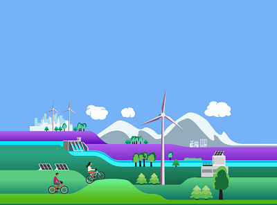 Illustration for a green investment adviser startup bicycles clean energy design graphic design green green energy hydropower illustration landscape renewable energy solar energy solar panel sustainable vector wind turbine windmill