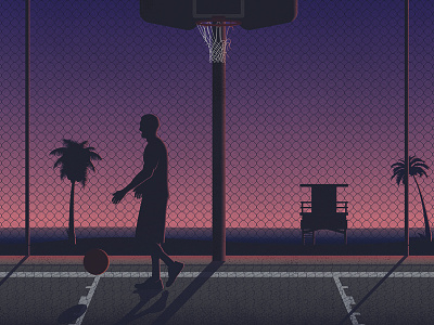 Last to leave basketball beach court illustration illustrator light palm trees sea sport sports sunset