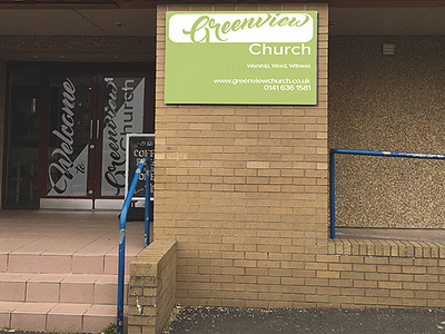 Greenview Church Information Signage church evangelical greenview logo rebrand script signage