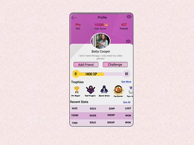 006 - Profile #DailyUI 006 app betty cooper dailyui dailyui 006 design game profile game stats gaming mobile profile purple ui ux