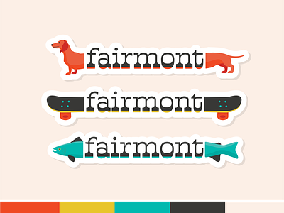 Fairmont Stickers 1970s branding branding and identity dog fish illustration placemaking retro skateboard sticker