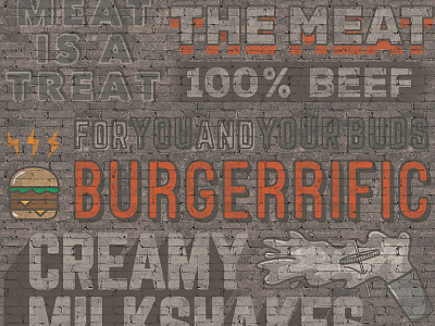 Burger Guys Wall Graphic brick brown burger custom illustration milkshake orange wall graphic
