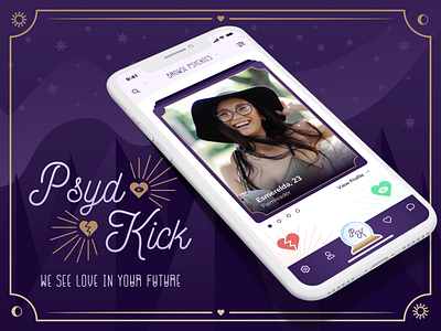 PsydKick Dating App - DZ Design Challenge 2020 (month 01) dating app dzdesignchallenge logo mobile mobile app mobile design mobile ui purple tarot card