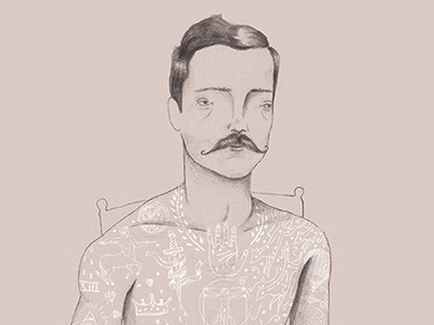Tattooed Man creepy drawing illustration mustache pencil tattoo tattooed man vintage