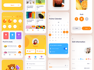 The first part of the ROSEN Learning Reader app animal app books calendar education glossary home page icon design illustration leaderboard learning english list card membership card mobile app design report sign in welcome page