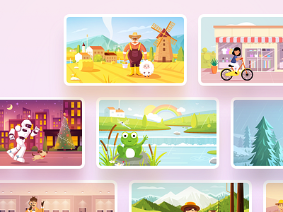 A set of scene illustration design artificial intelligence city countryside detective dragonfly education farm farmer frog illustration mountain night rainbow river robot sheep store tree village