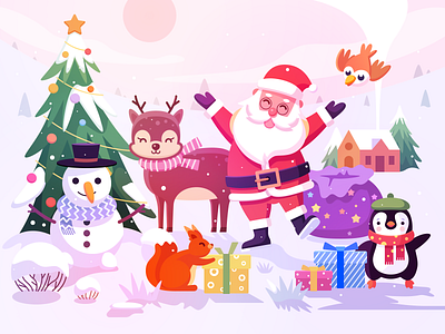 Merry Christmas 2020 animal app bird christmas tree deer festival gift holiday icon illustration landscape penguin santa claus santa clause scenery snowman squirrel web winter