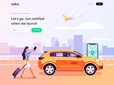 Zabo Rider Illustration Design airplane and car app architecture and city branding building color design icon illustration lake surface and reflection logo love mobile phone and map passengers and drivers take a taxi ui ux web white clouds and sky zabo