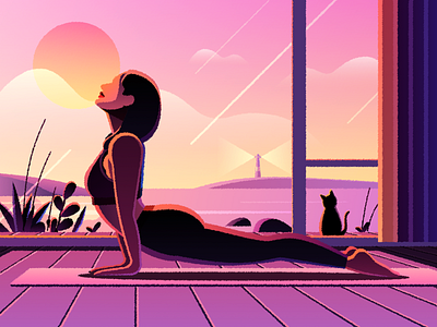 Illustration About Yoga beauty cat fitness flowers illustration lifestyle pet sea sunlight sunrise white clouds yoga
