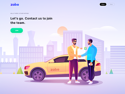 Zabo Illustration For Driver branding building car city clouds contract driver illustration join man rider sky taxi tree ui ux web