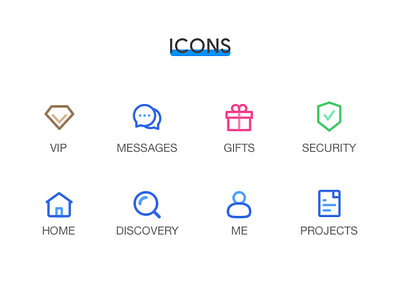 Icons app app ui branding color colorful design discovery gift home icon identity illustration me message mobile project security set settings vip