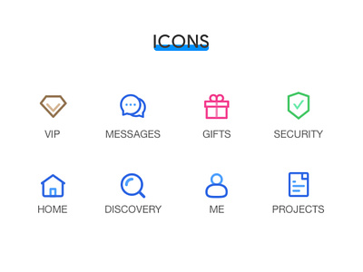 Icons app app ui branding color colorful design discovery gift home icon identity illustration me message mobile project security set settings vip