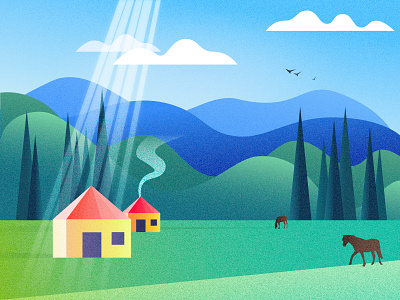 Jiangbulak affinity designer affnity beautiful cloud color colorful design forest grassland horse illustration mountain vector yurt