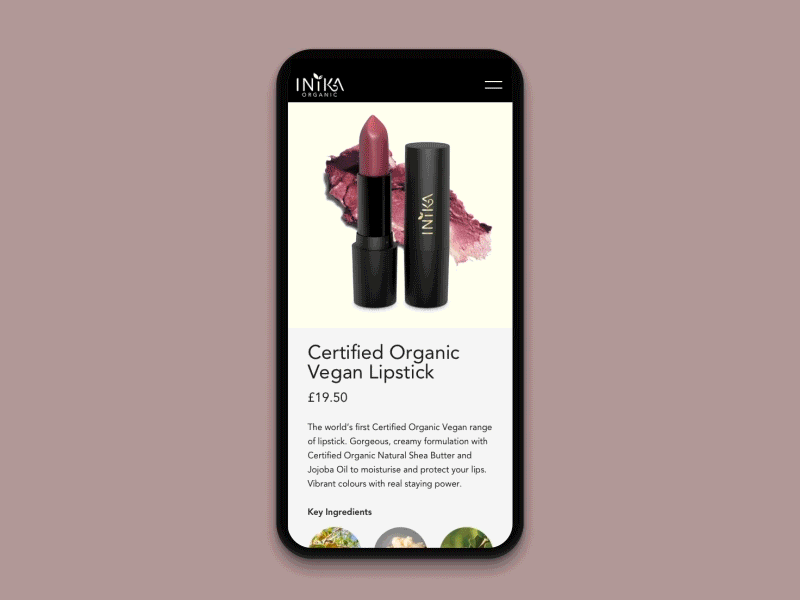 Inika Vegan Lipstick Product Detail animation ecommerce ingredients interface motion ui ux
