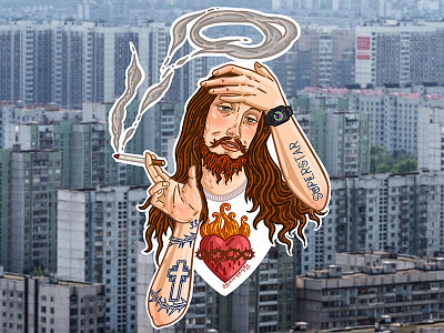 Jesus art drawing face graphic hippie icon illustration jesus man portrait russia