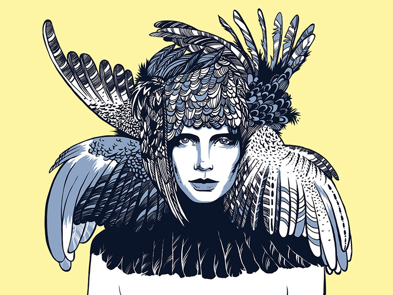 Bird blue yellow woman art bird face illustration portrait